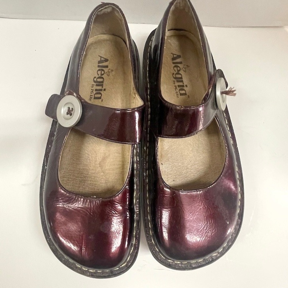 Burgundy Metallic Leather Button Mary Jane Alegria Clogs Women's 6
